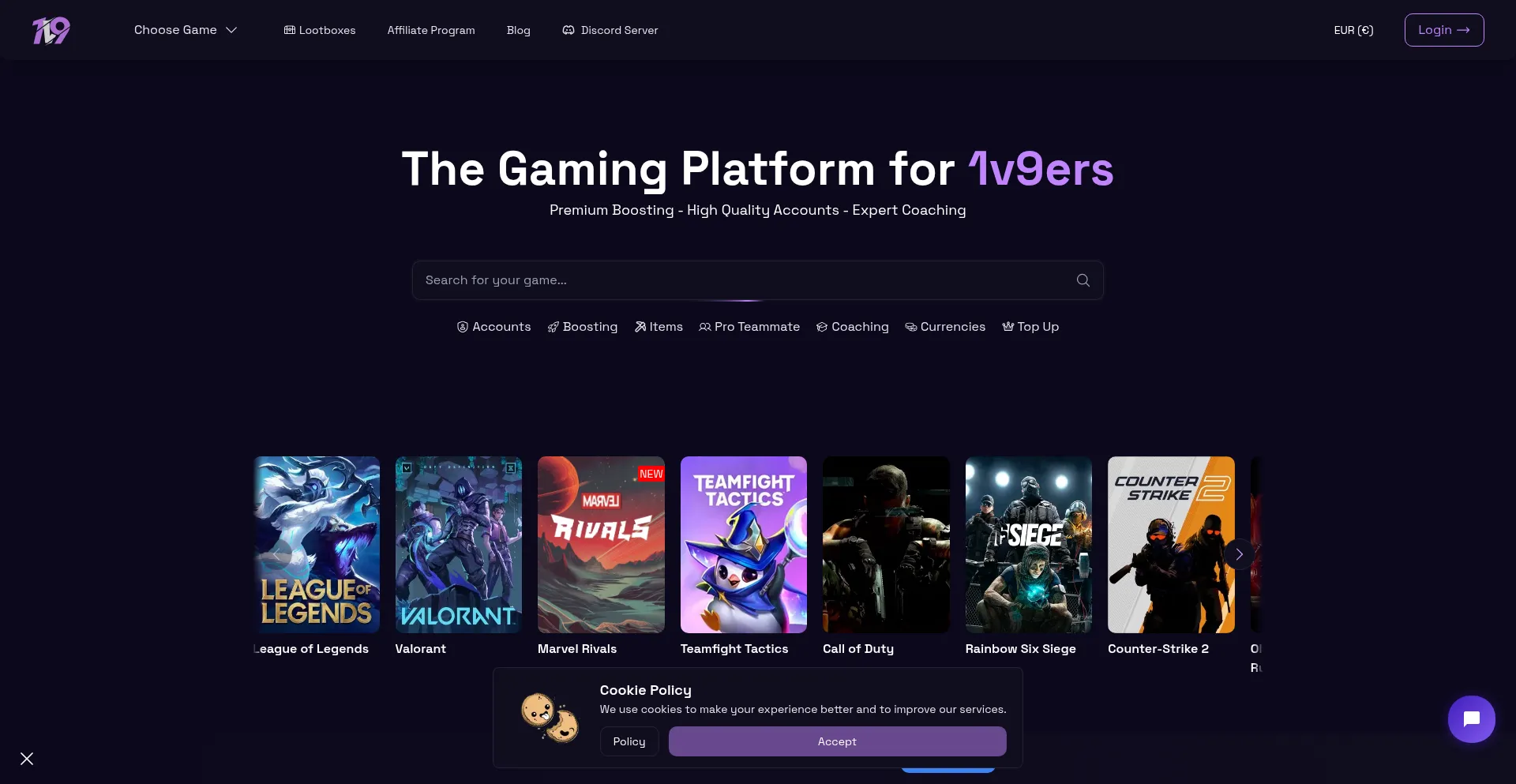 Website screenshot of 1v9.gg