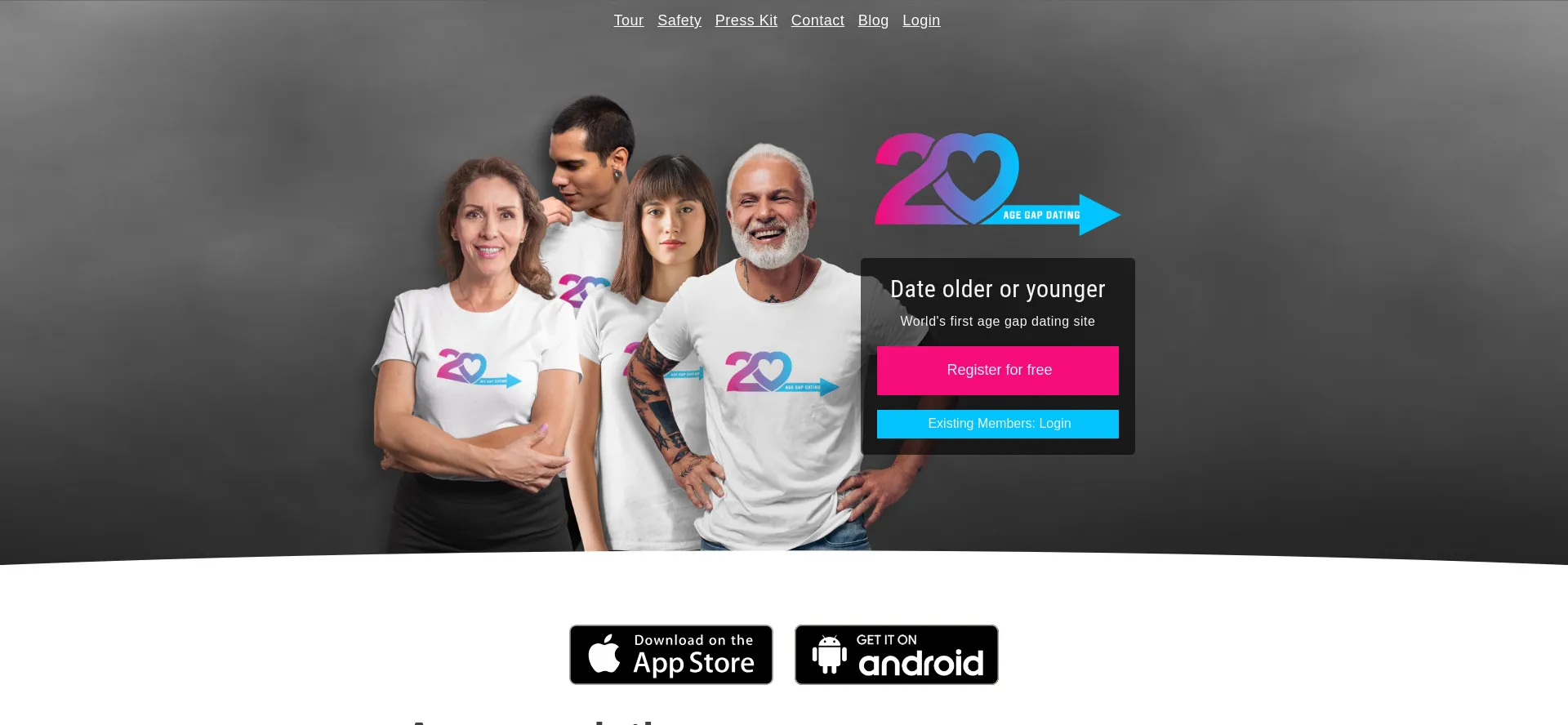 Website screenshot of 20.dating