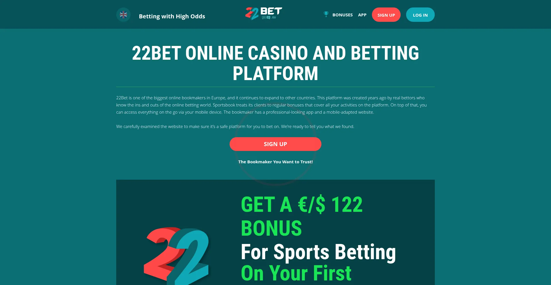 Website screenshot of 22bet.eu