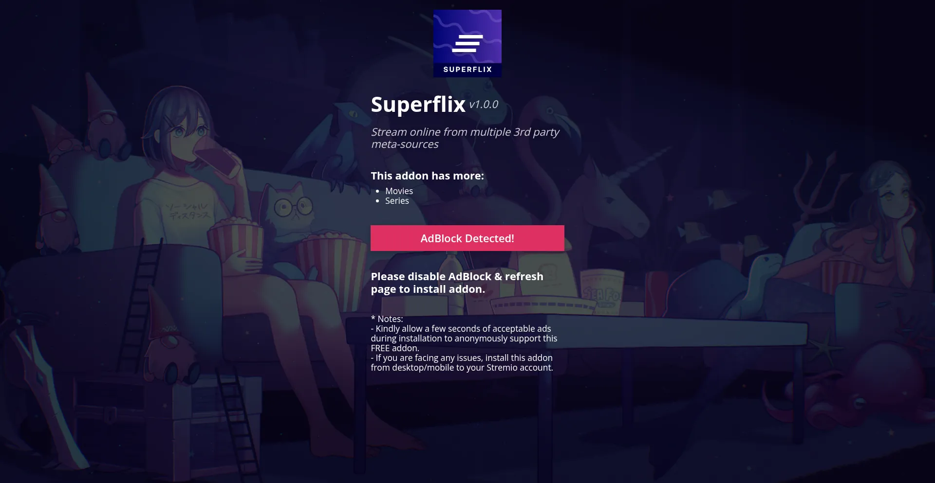Website screenshot of 23dfbfad8cb2-stremio-addon-superflix.baby-beamup.club