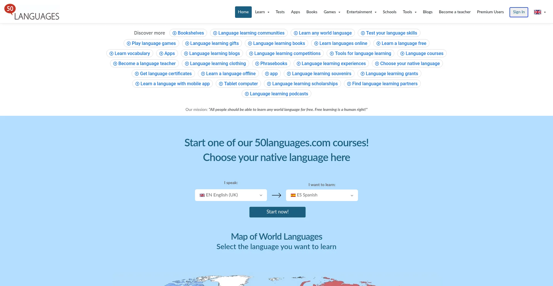 Website screenshot of 50languages.com