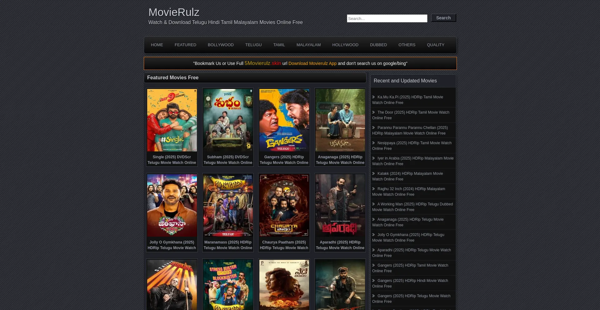 Website screenshot of 5movierulz.srl