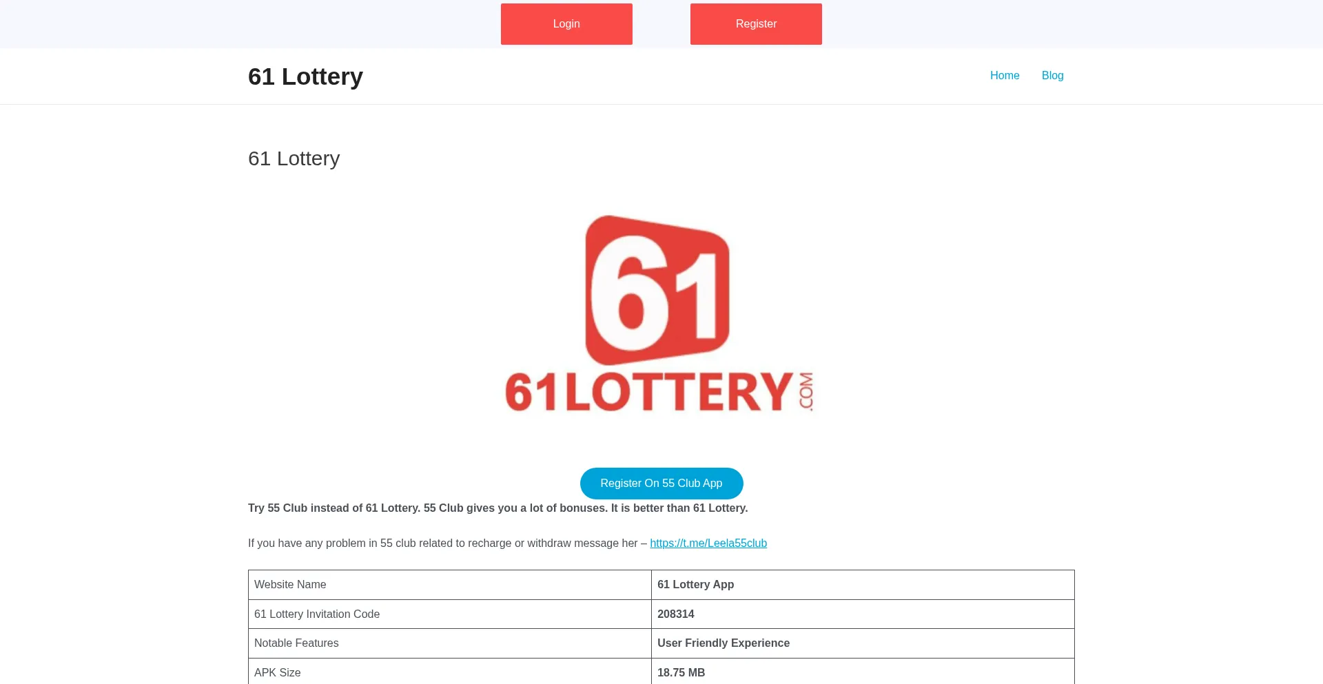 Website screenshot of 61lottery.co