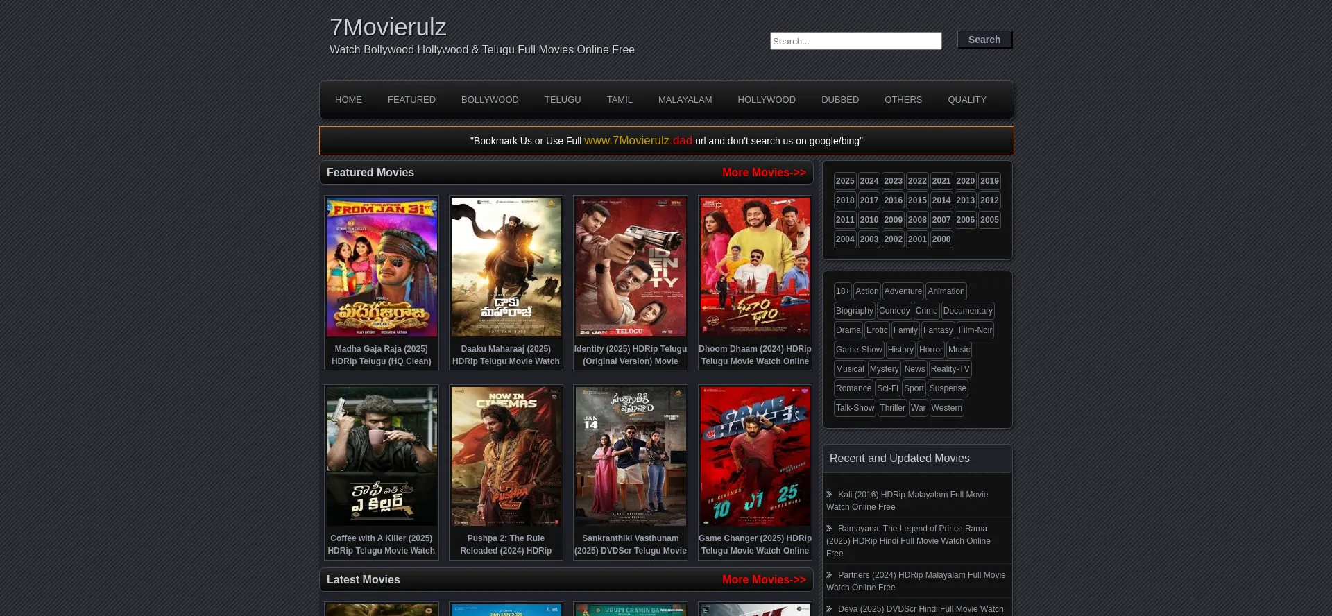 Website screenshot of 7movierulz.dad