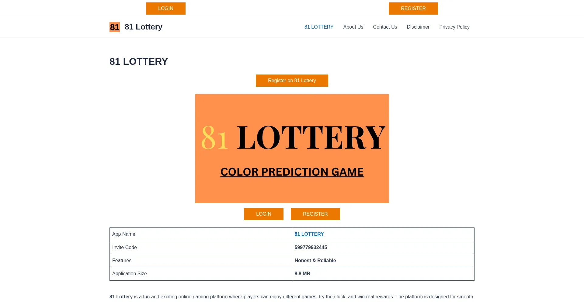 Website screenshot of 81lottery.org