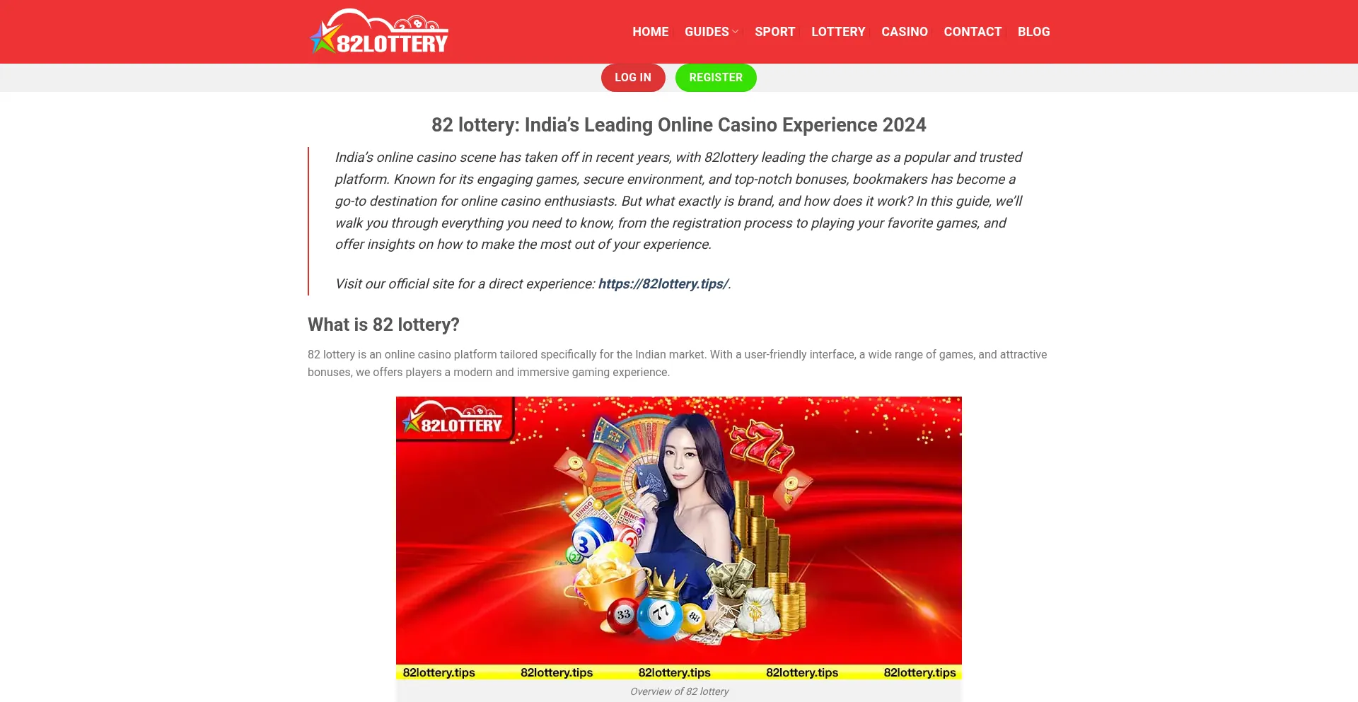 Website screenshot of 82lottery.tips