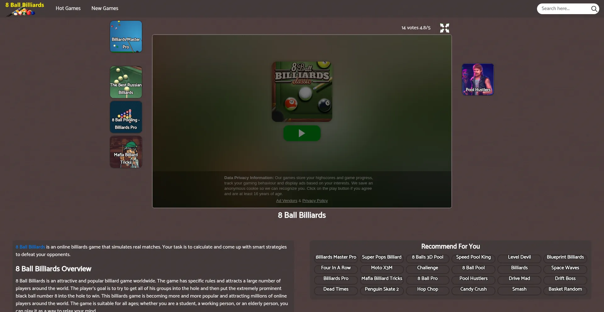 Website screenshot of 8ballbilliards.io