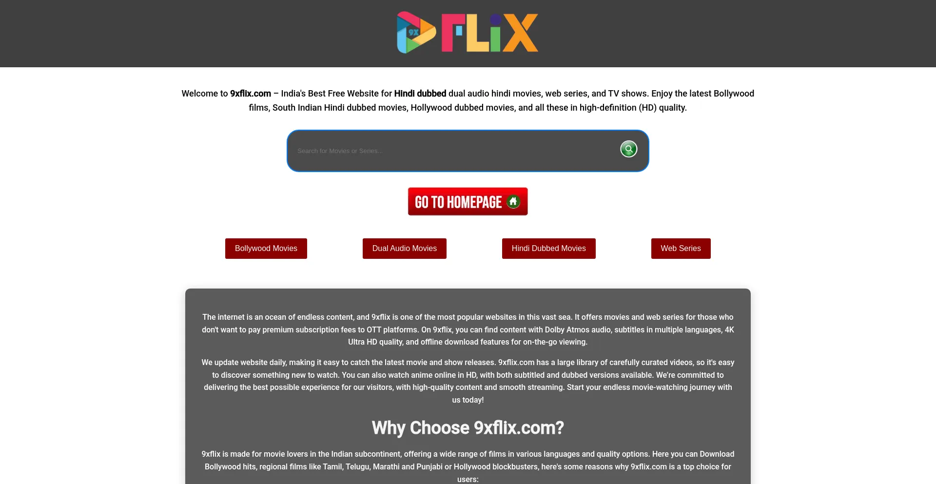 Website screenshot of 9xflix.foo