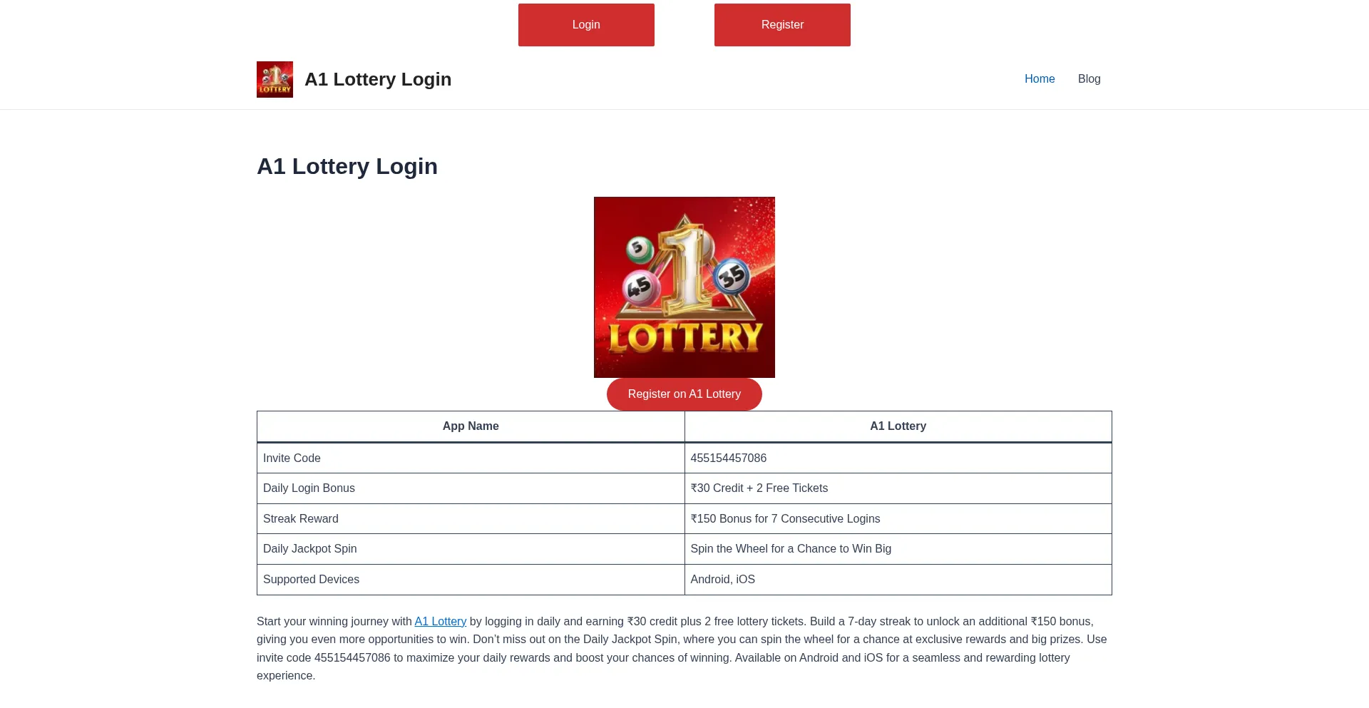 Website screenshot of A1lottery.vip
