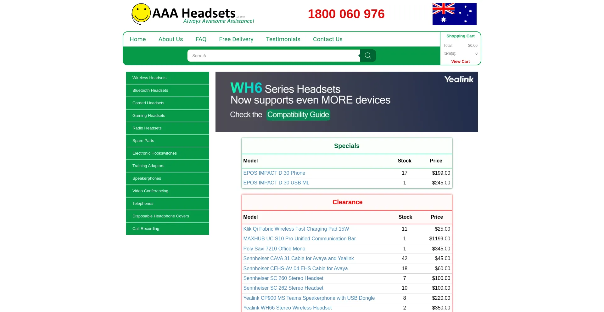 Website screenshot of Aaaheadsets.com.au