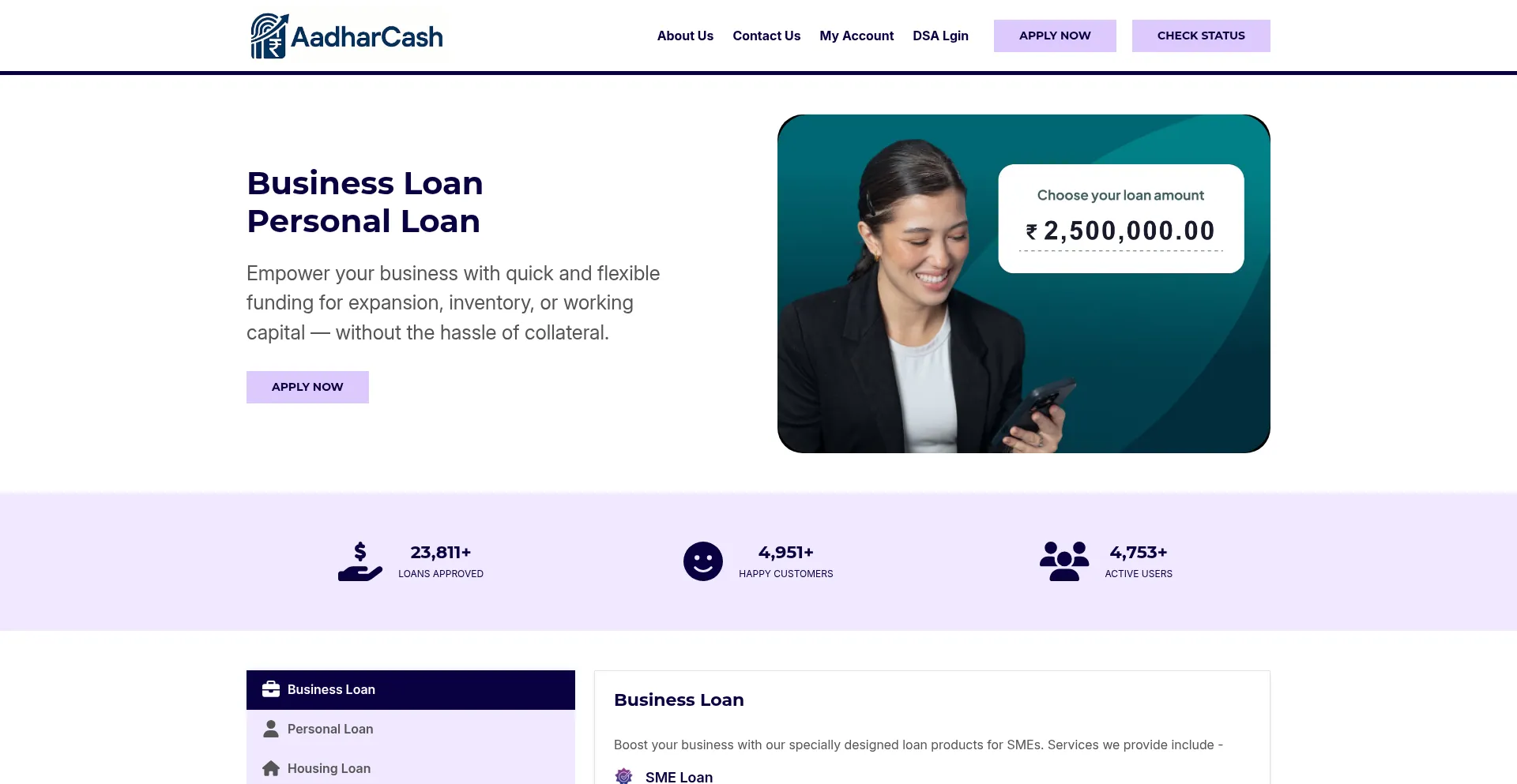 Website screenshot of Aadharcash.com