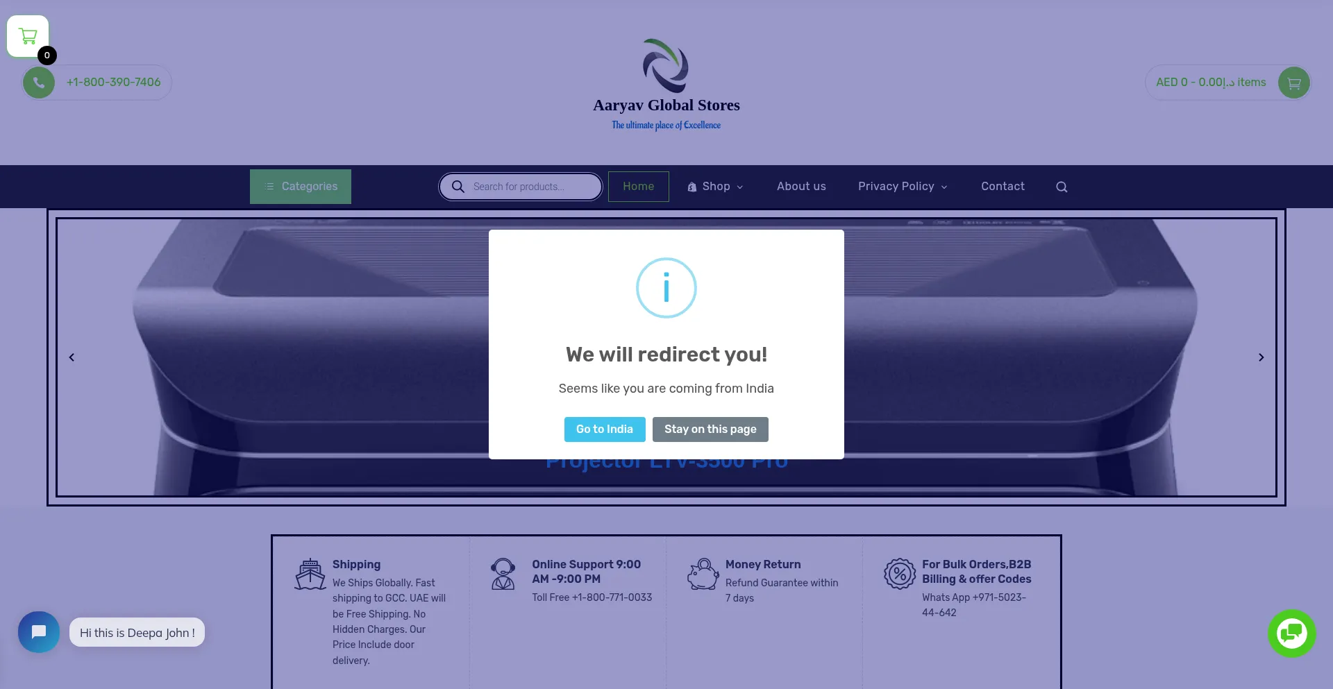 Website screenshot of Aaryavglobalstores.ae