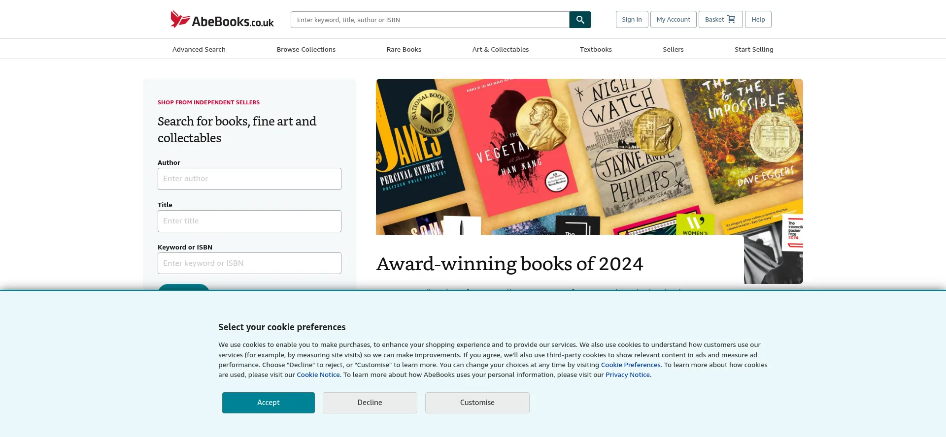 Website screenshot of Abebooks.co.uk