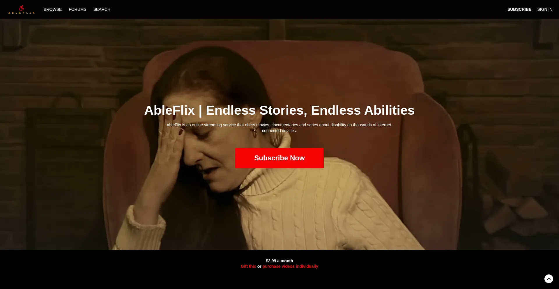 Website screenshot of Ableflix.vhx.tv