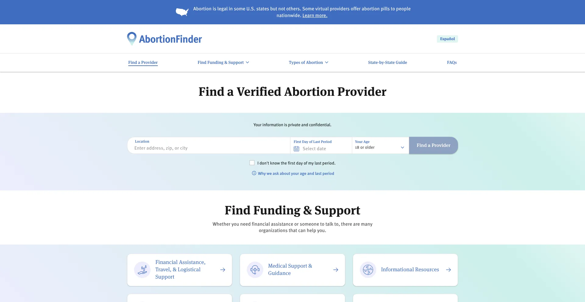 Website screenshot of Abortionfinder.org