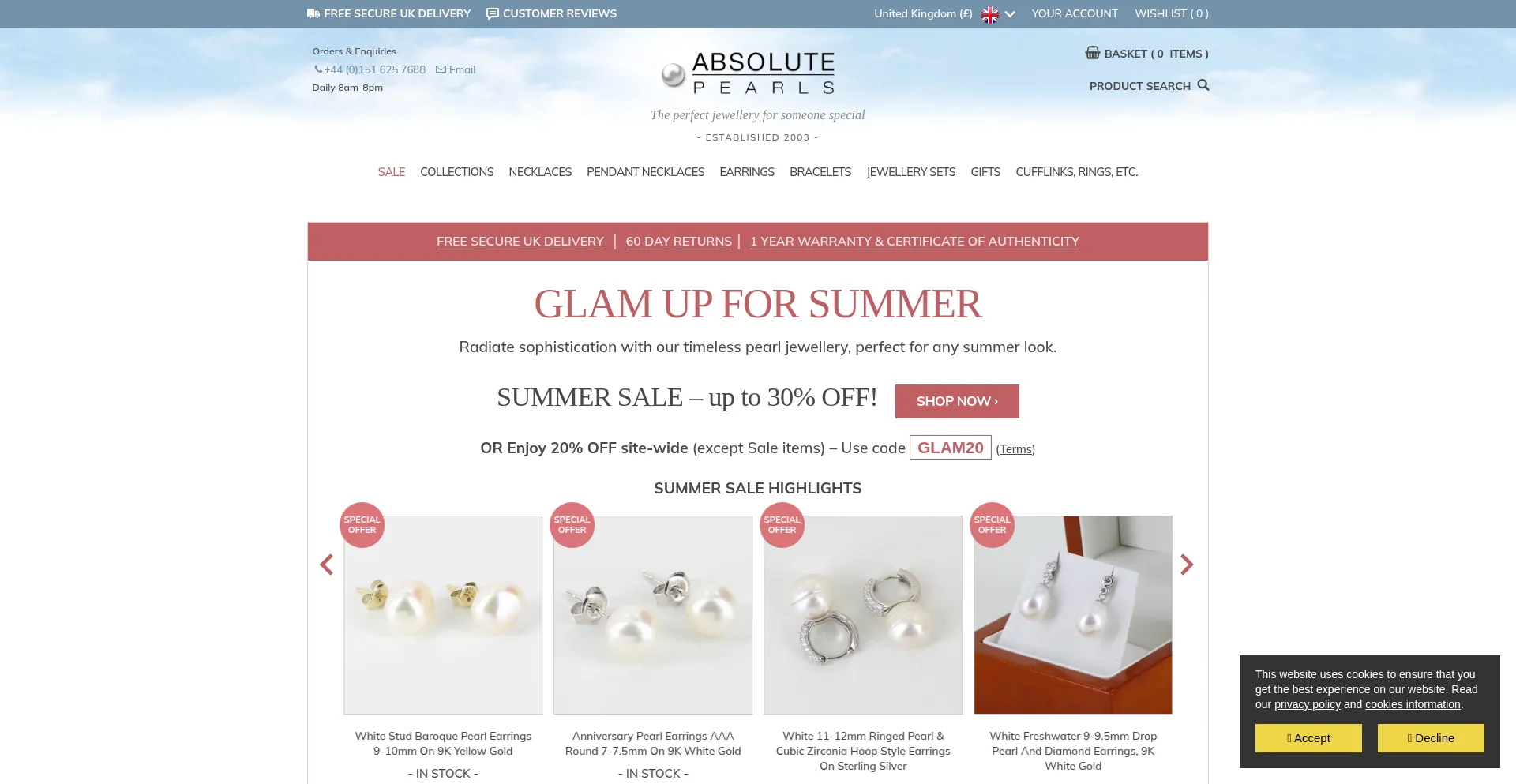 Website screenshot of Absolutepearls.co.uk