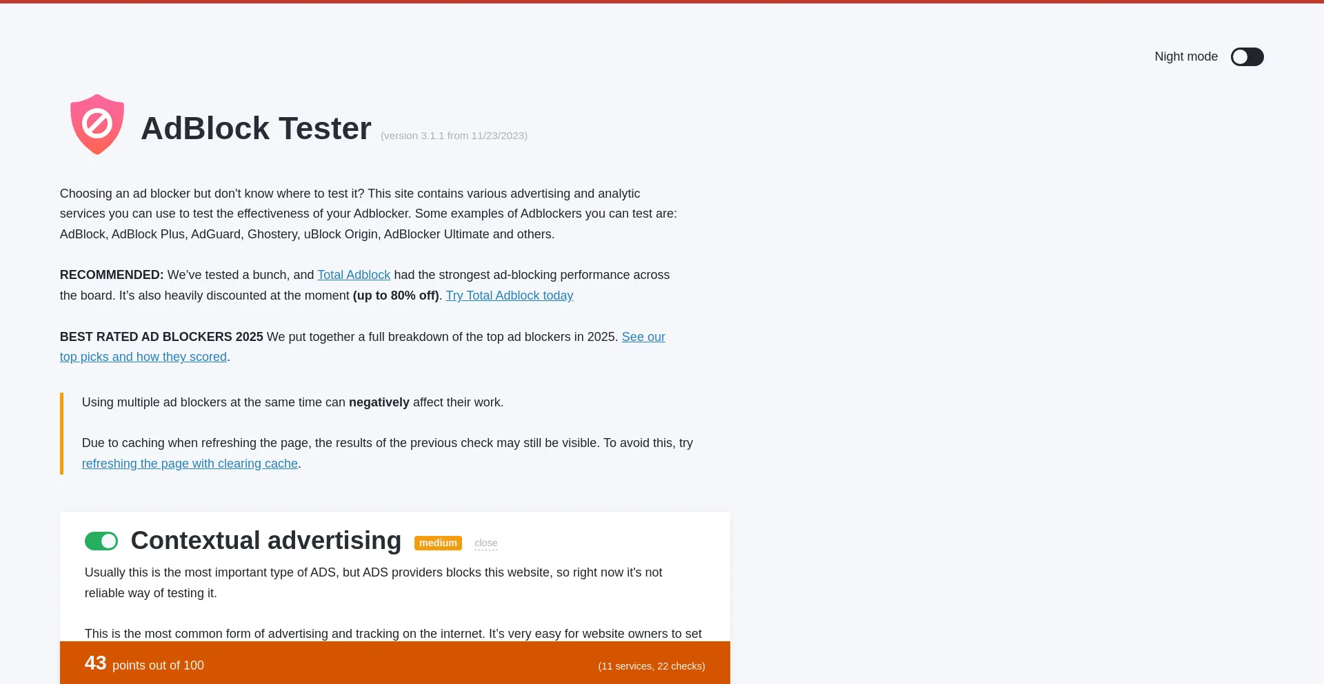 Website screenshot of Adblock-tester.com