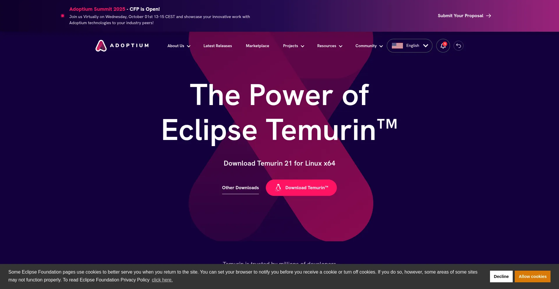 Website screenshot of Adoptium.net