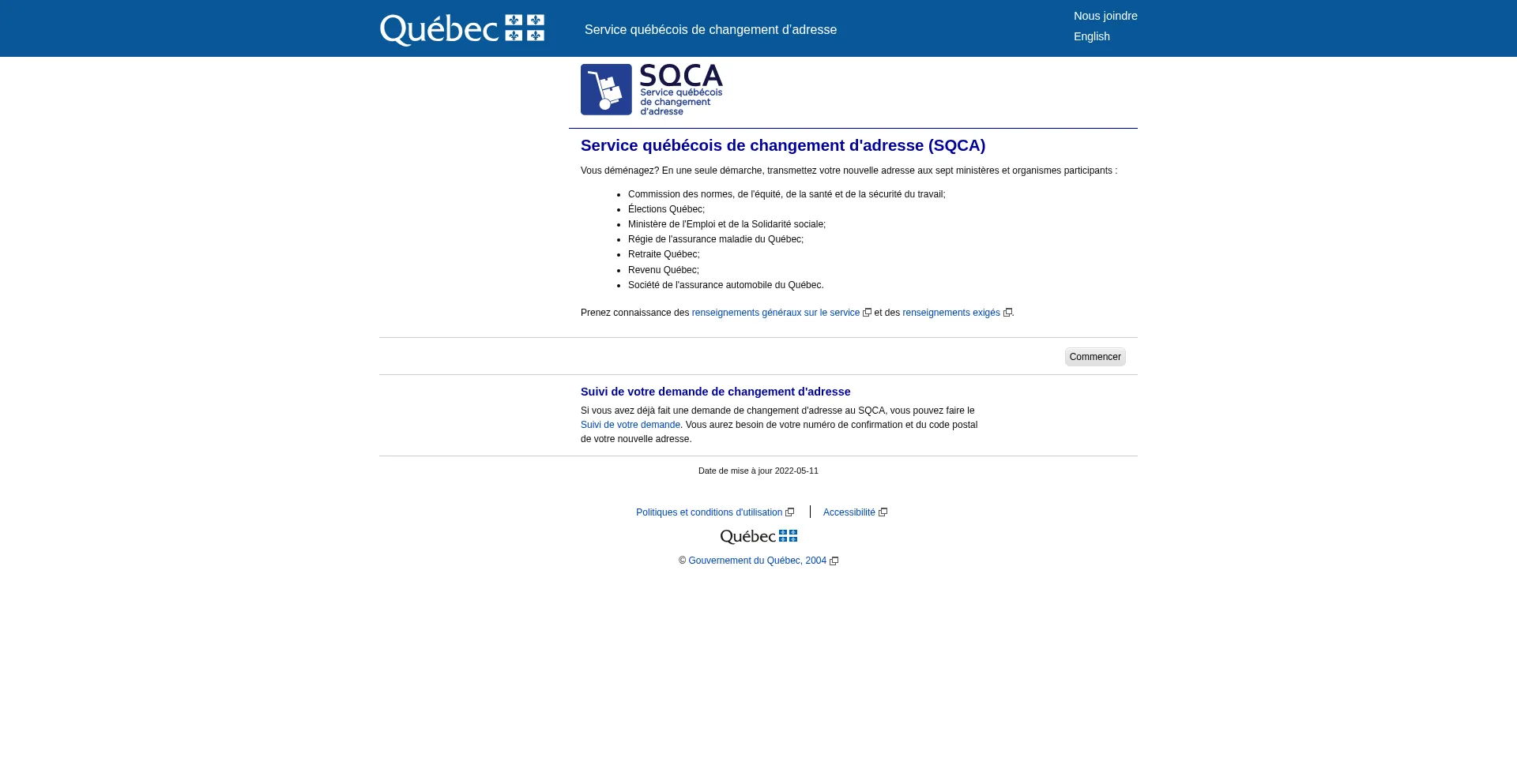 Website screenshot of Adresse.gouv.qc.ca