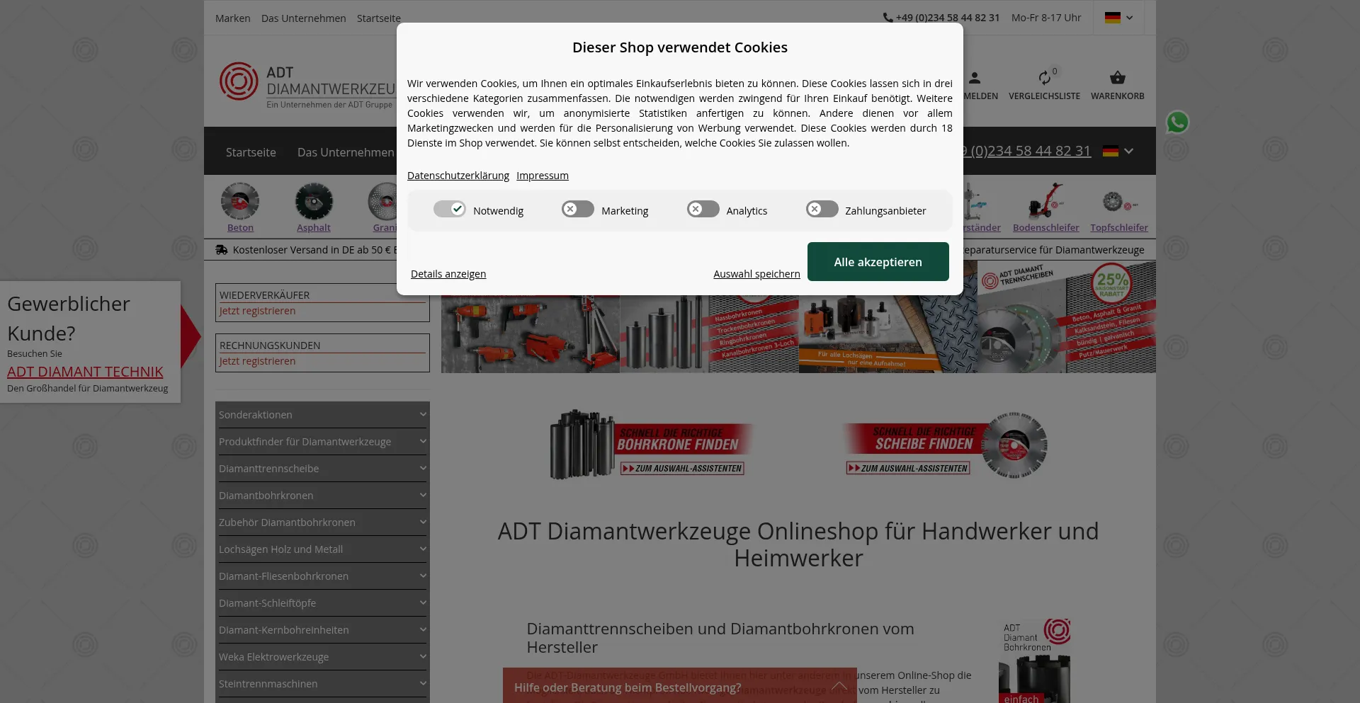 Website screenshot of Adt-diamantwerkzeuge.de