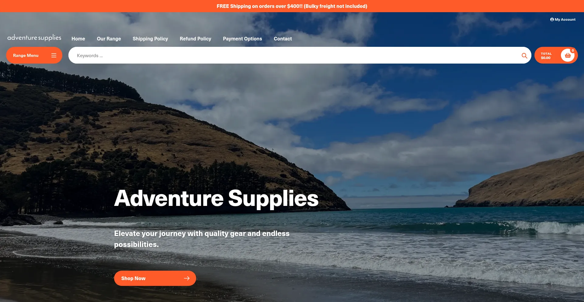 Website screenshot of Adventuresupplies.co.nz