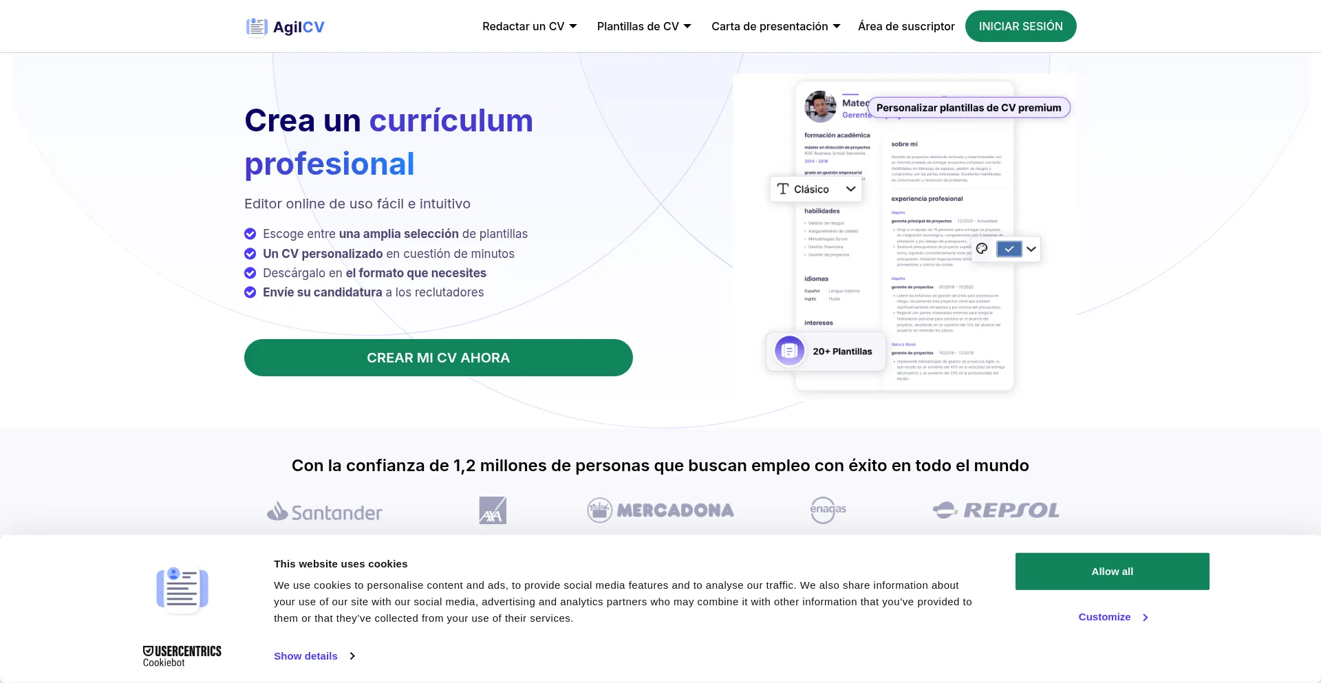 Website screenshot of Agilcv.com