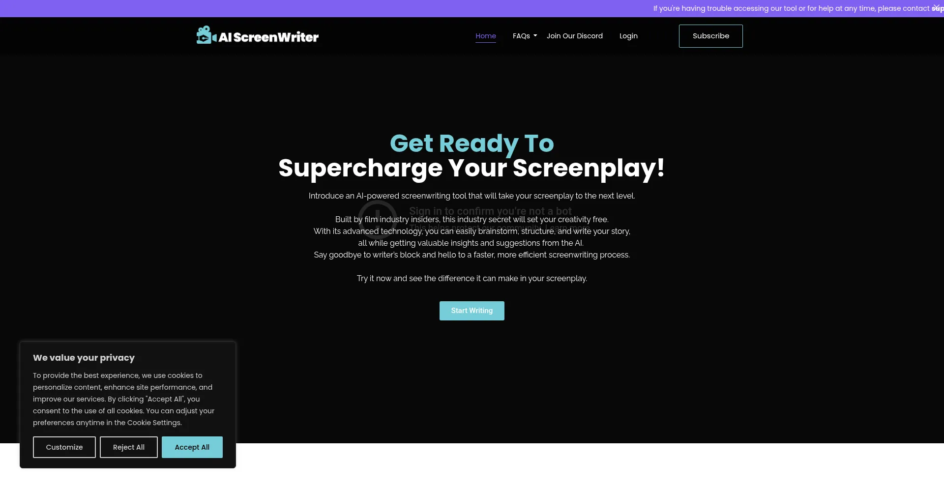 Website screenshot of Aiscreenwriter.com