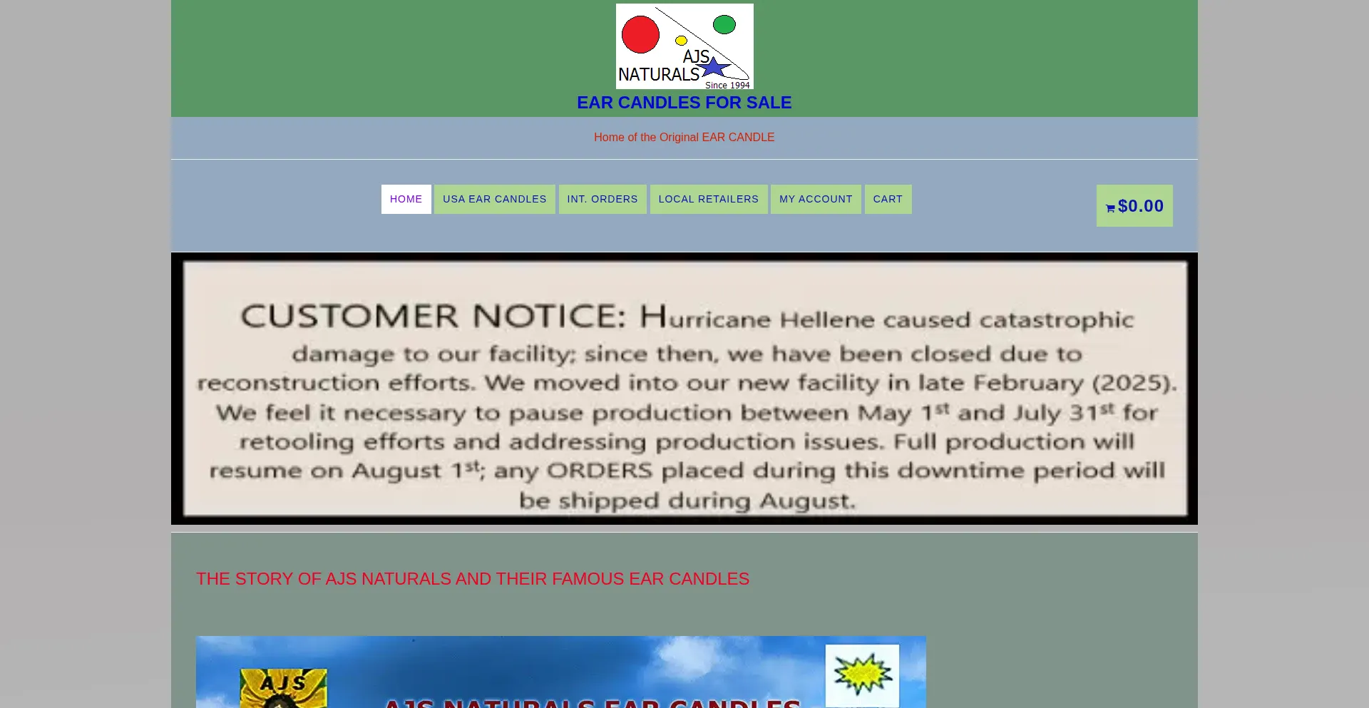 Website screenshot of Ajsnaturals.com