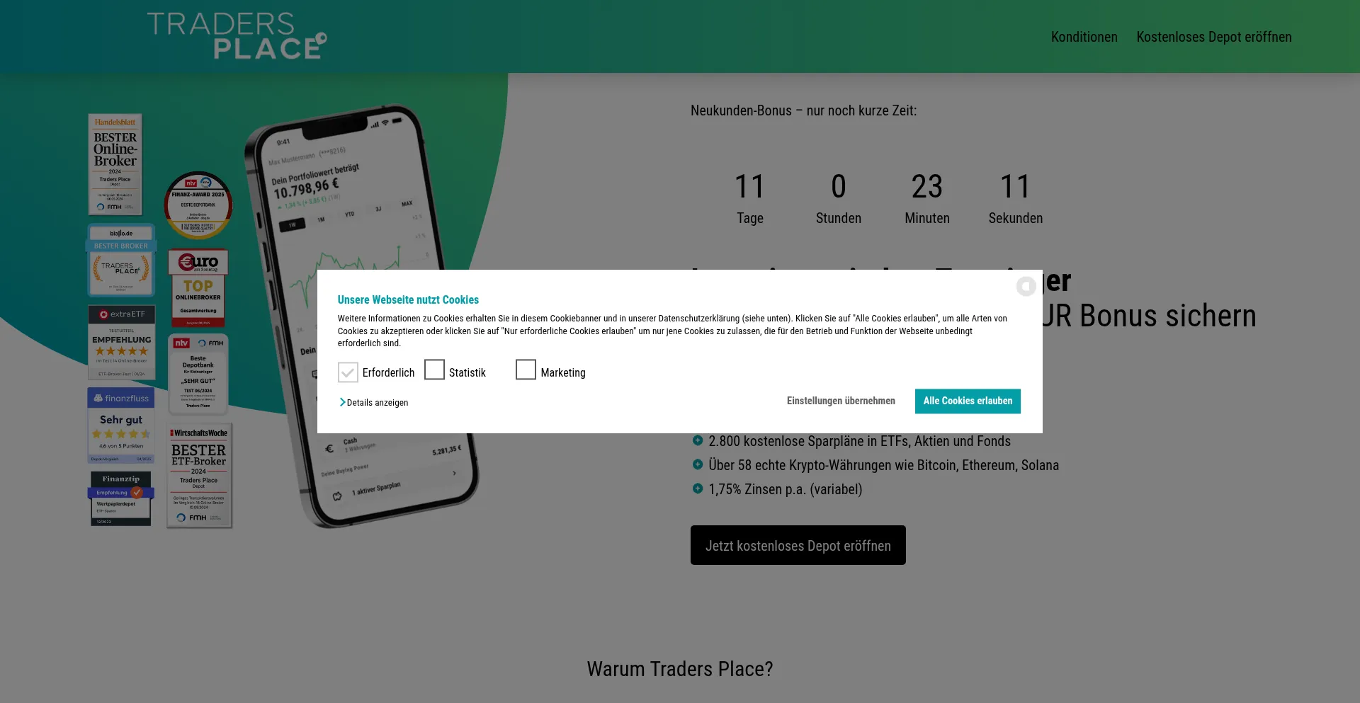 Website screenshot of Aktion.tradersplace.de