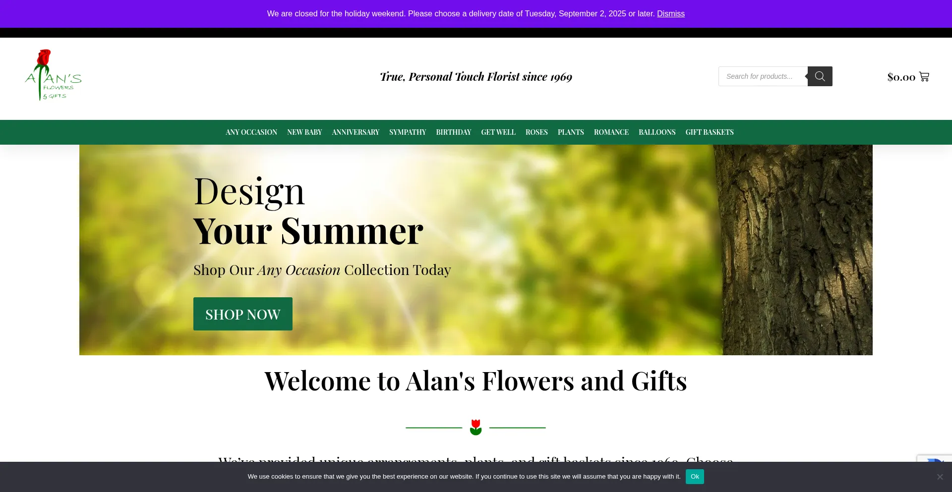 Website screenshot of Alansflowersandgifts.com
