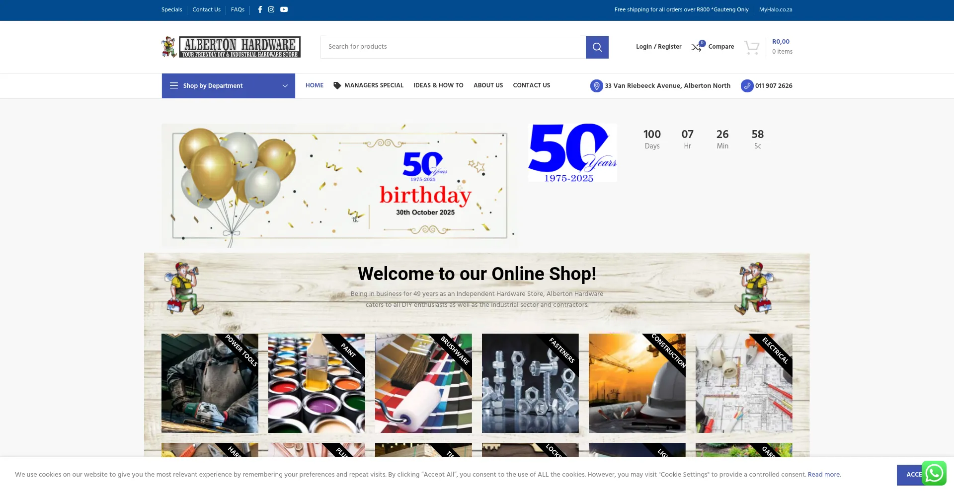 Website screenshot of Albertonhardware.co.za