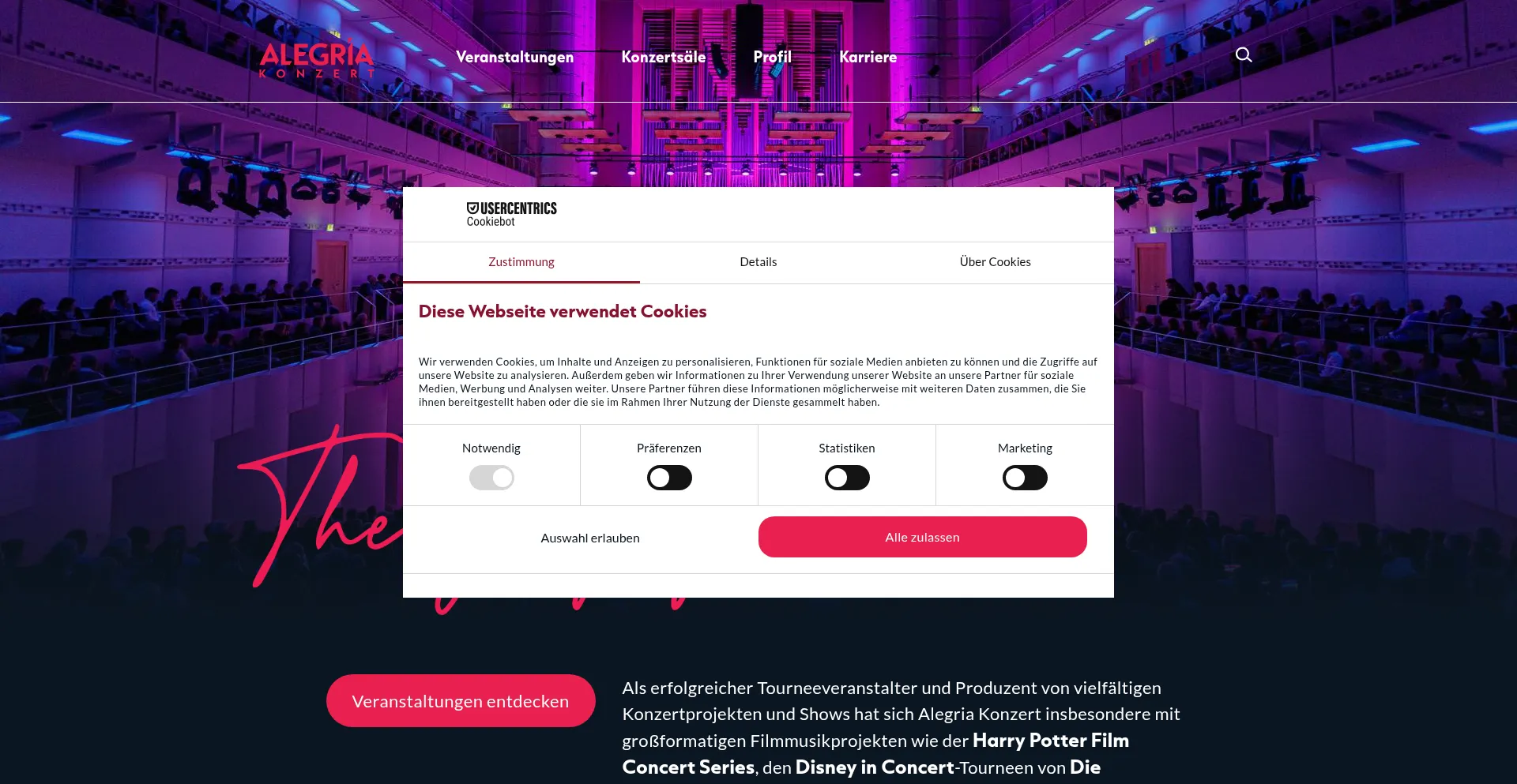 Website screenshot of Alegria.de