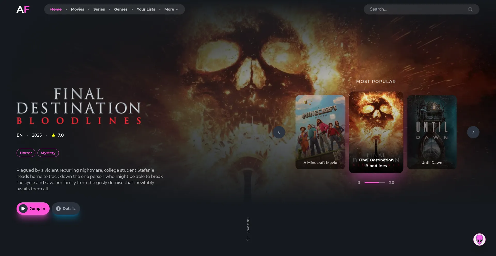 Website screenshot of Alienflix.net