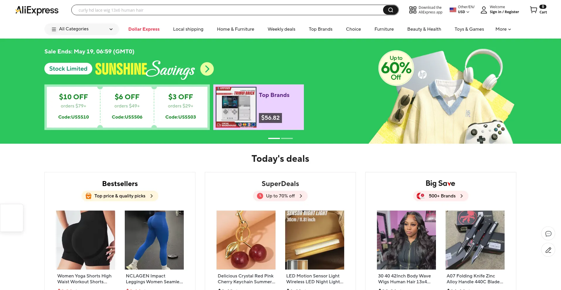 Website screenshot of Aliexpress.ch