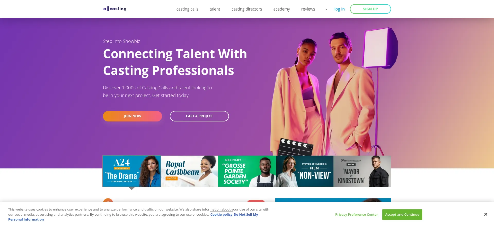 Website screenshot of Allcasting.com