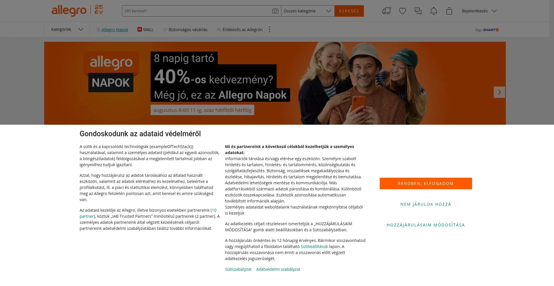Website screenshot of Allegro.hu