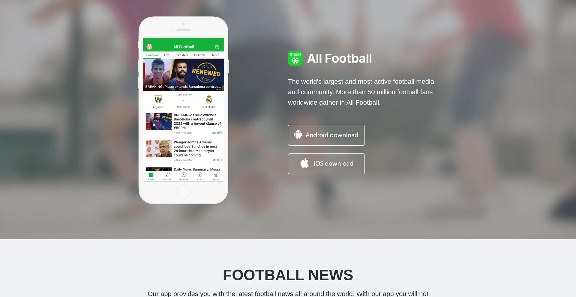 Website screenshot of Allfootballapp.com