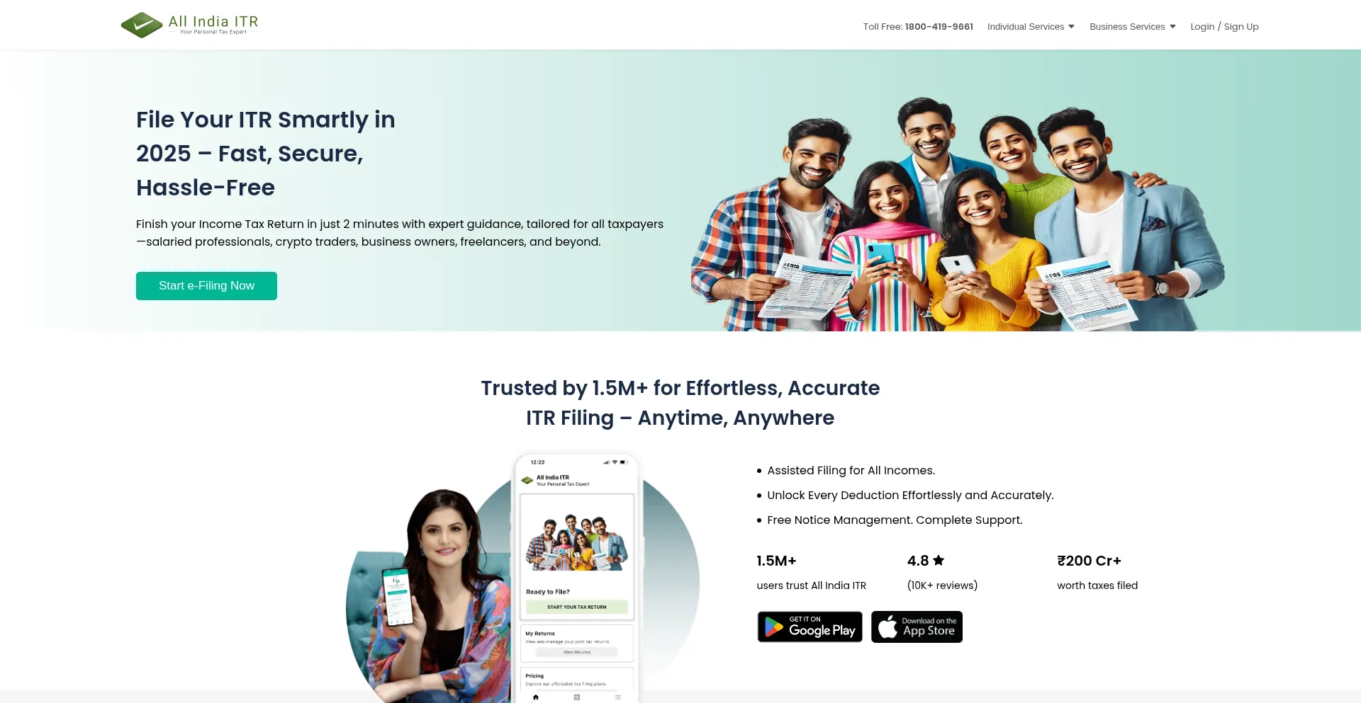 Website screenshot of Allindiaitr.com