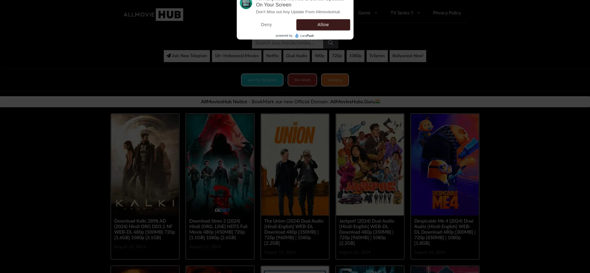 Website screenshot of Allmovieshubs.guru