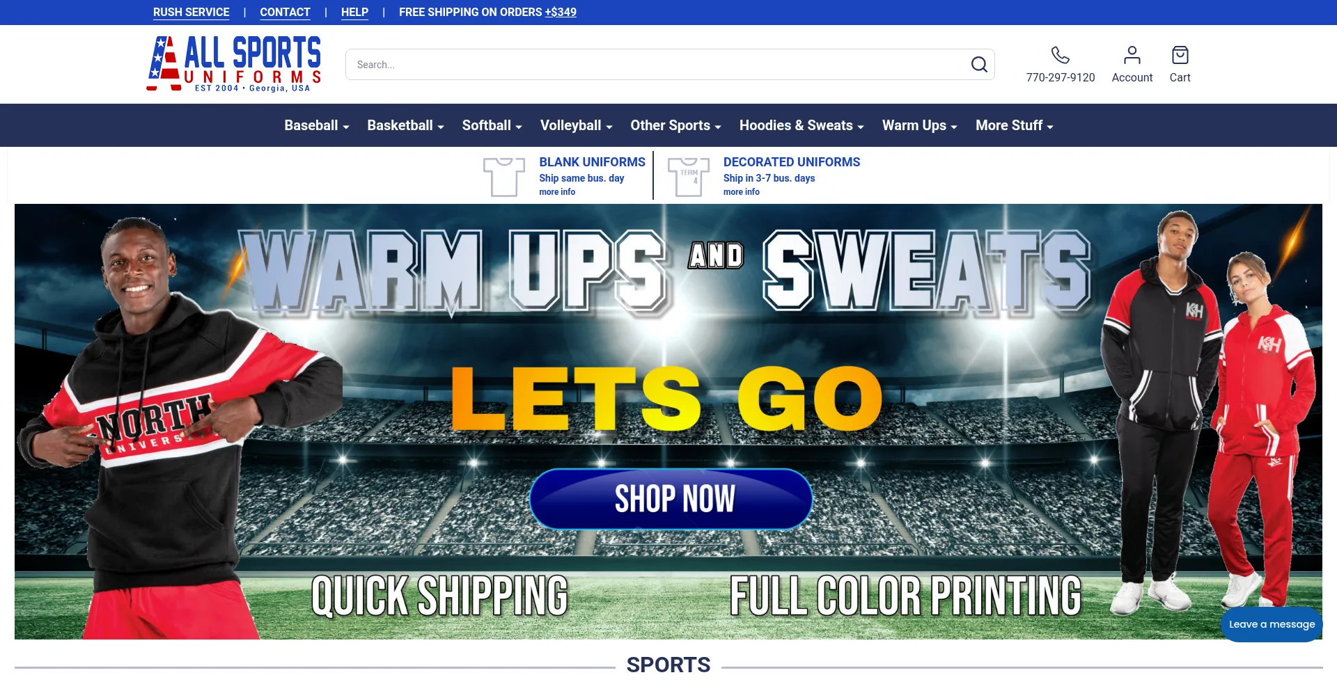 Website screenshot of Allsportsuniforms.net