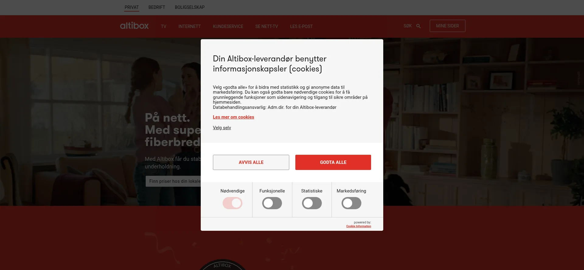 Website screenshot of Altibox.no