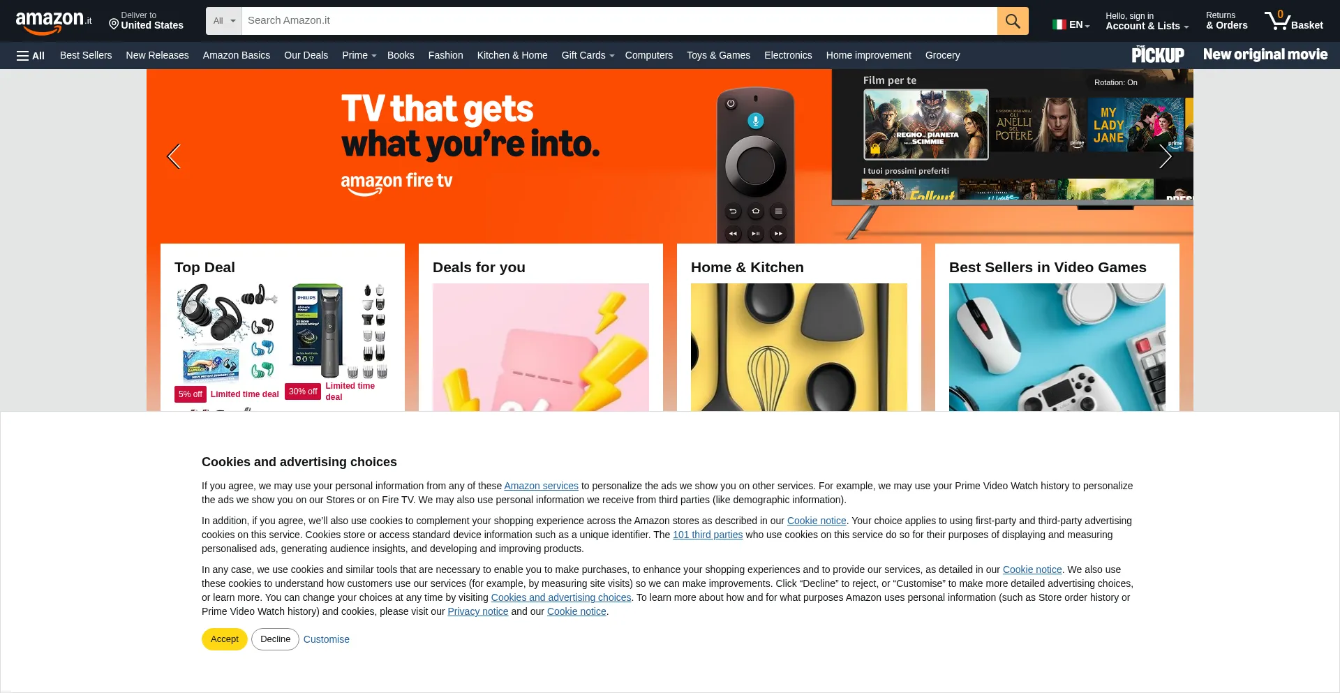 Website screenshot of Amazon.it