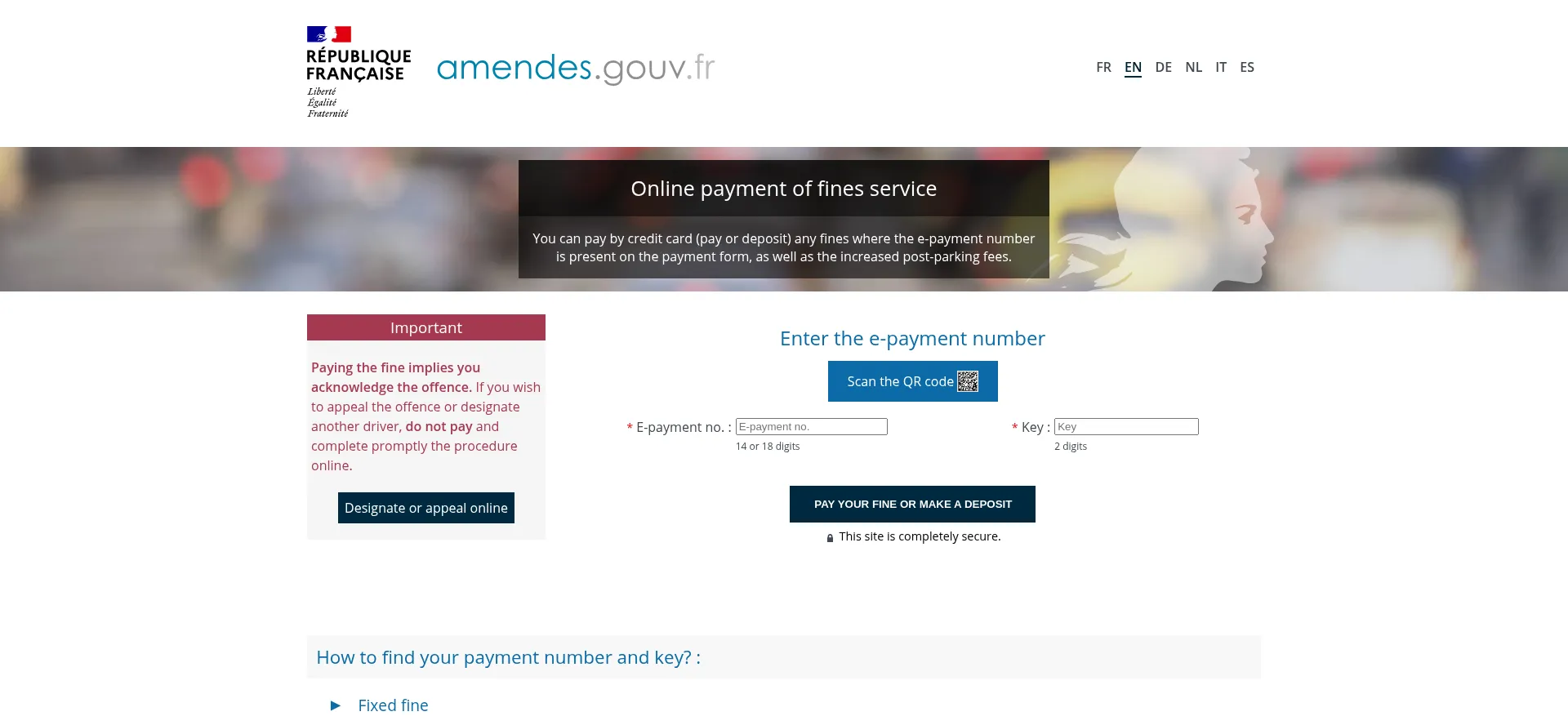 Website screenshot of Amendes.gouv.fr