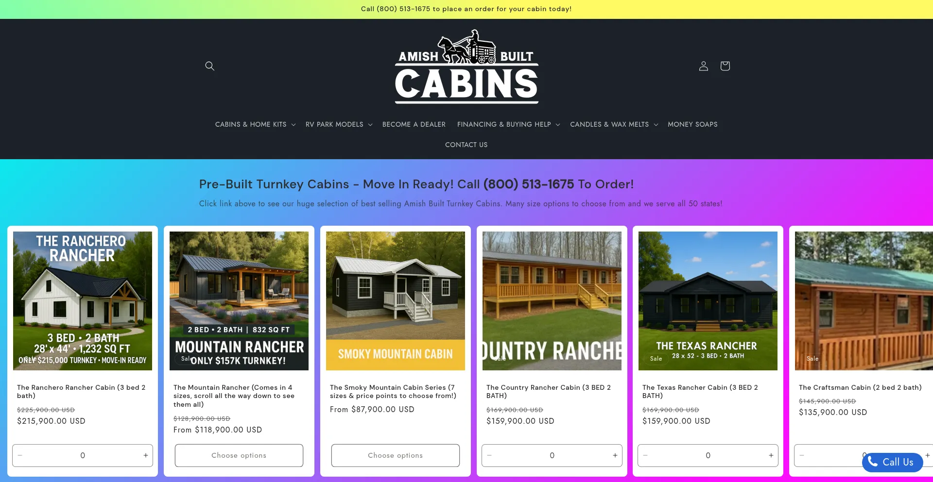 Website screenshot of Amishbuiltcabins.com