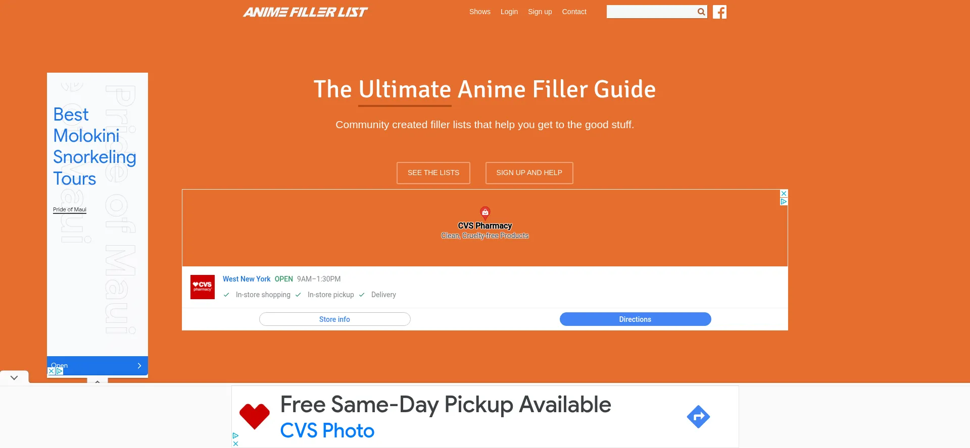 Website screenshot of Animefillerlist.com
