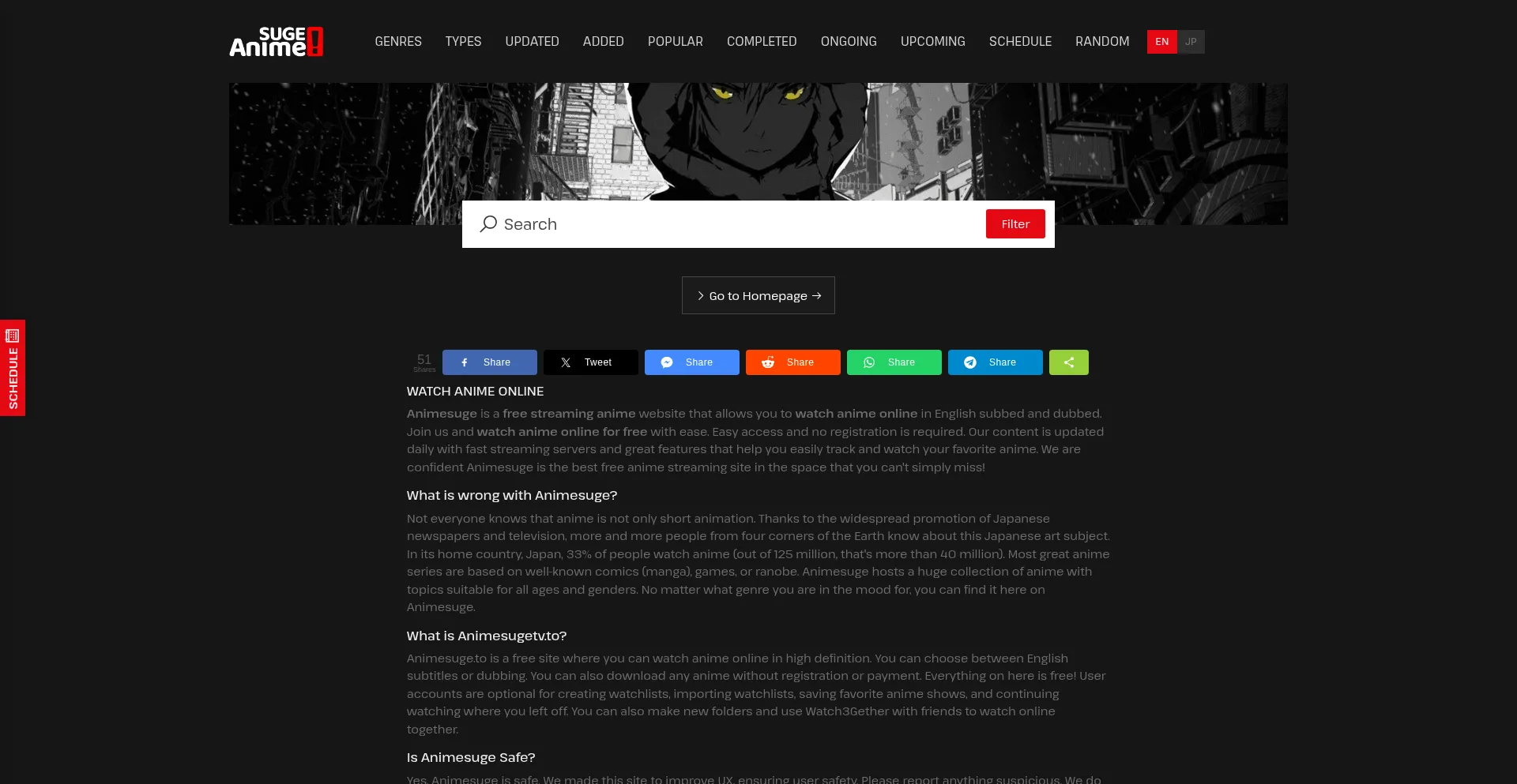 Website screenshot of Animesuge.bz