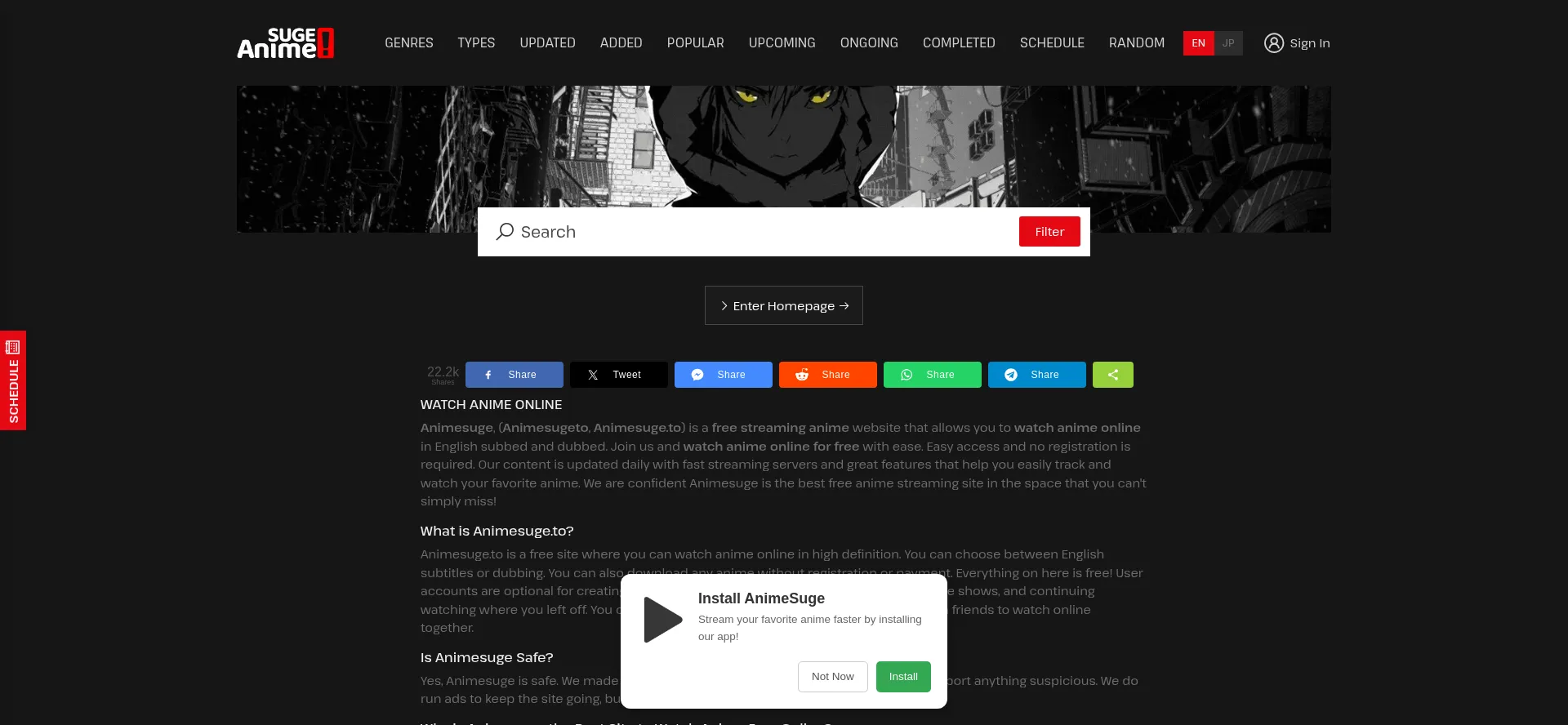 Website screenshot of Animesugetv.to