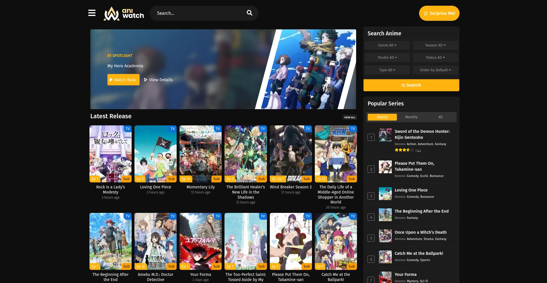 Website screenshot of Aniwatch.tv.in