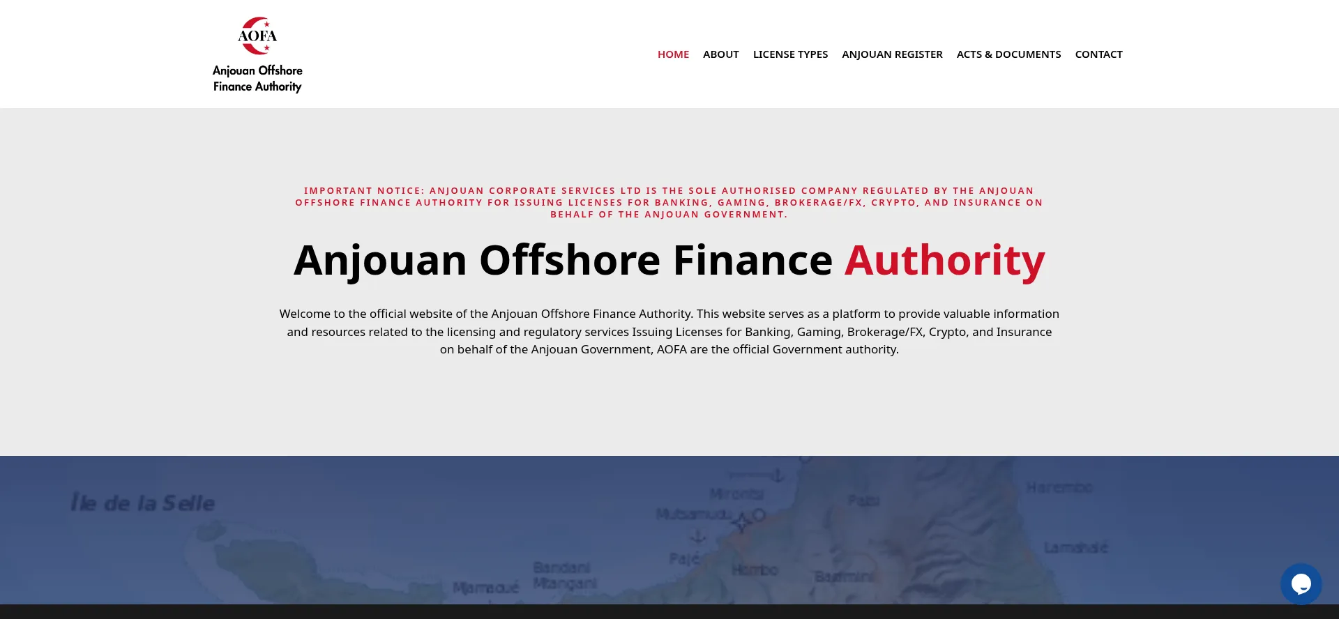 Website screenshot of Anjouanoffshorefinanceauthority.org