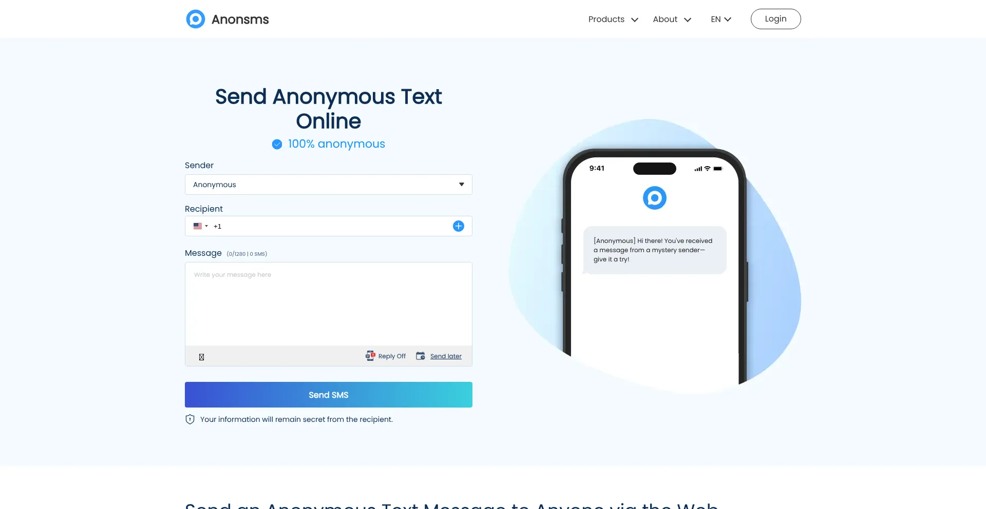 Website screenshot of Anonsms.com